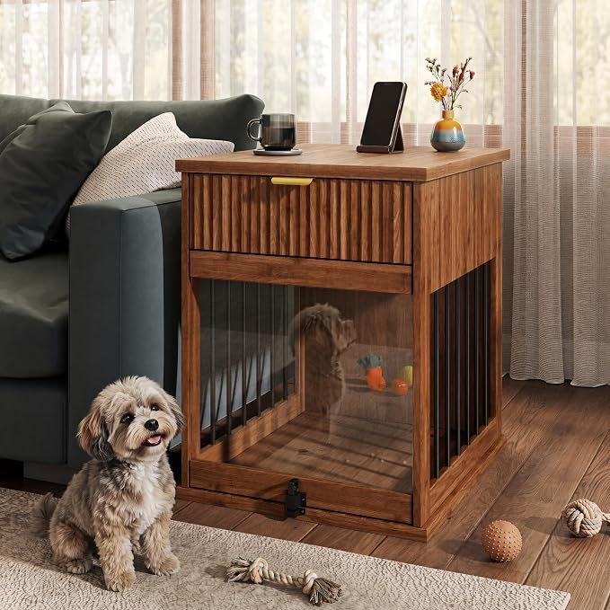 Dog Crate Furniture End Table for Small Dogs with Charging Station (Brown)