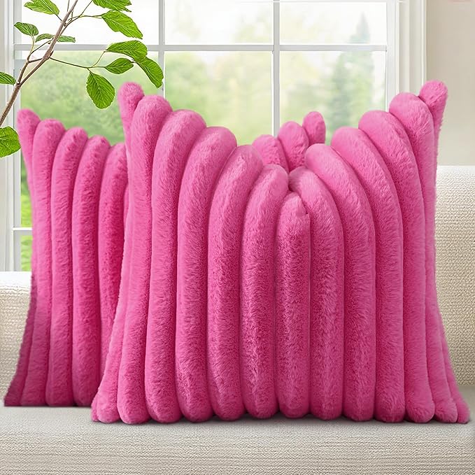 decorUhome Fall Faux Fur Throw Pillow Covers 26x26 Set of 2 Hot Pink | Decorative Soft Cozy Striped Plush Modern Farmhouse Boho Couch Pillow Cases Velvet Back for Sofa Bed Living Room Home Decor