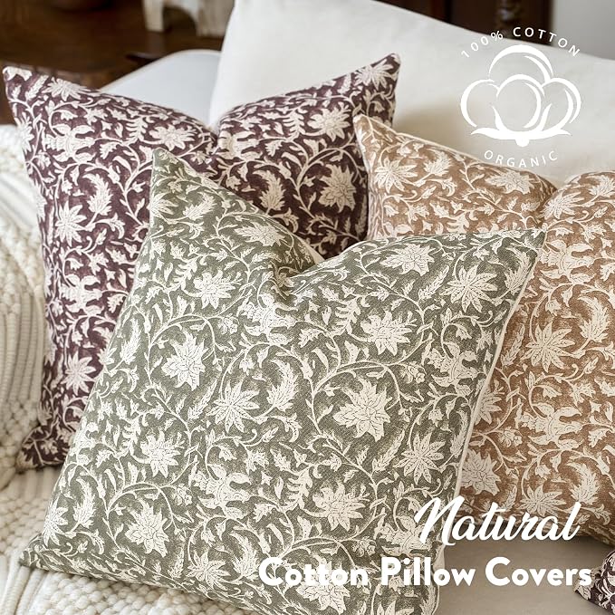 FIOUOVO Floral Throw Pillow Covers 24x24 Farmhouse Block Print Pillow Covers Decorative Pillow Covers Couch Pillows for Living Room Vintage Accent Sofa Pillows Set of 2, Olive Green