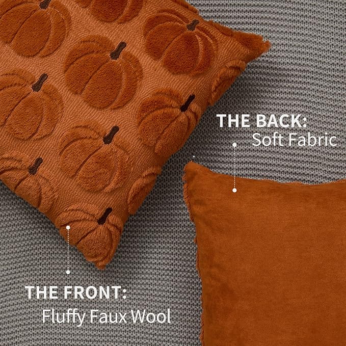DFXSZ Fall Pillow Covers 18x18 2Pcs Rust Brown Pumpkin Fall Decorations | Fall decor Set of 2 Throw Pillow Cases Soft Plush Faux Fur Wool Couch Cushion for Chair Sofa Bedroom Living Room Home Decor