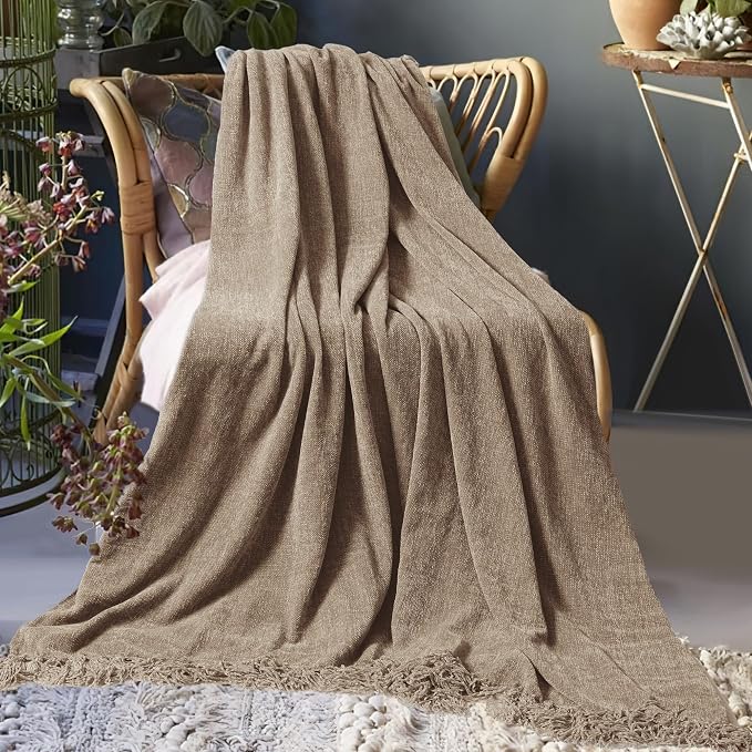 Chenille Throw Blanket for Couch 60" x 80" Twin, Taupe | Soft Cozy Warm Throws with Fringe Tassel, for Living Room Bed Sofa Chair Cover, Lightweight Knitted Decorative Boho Blankets