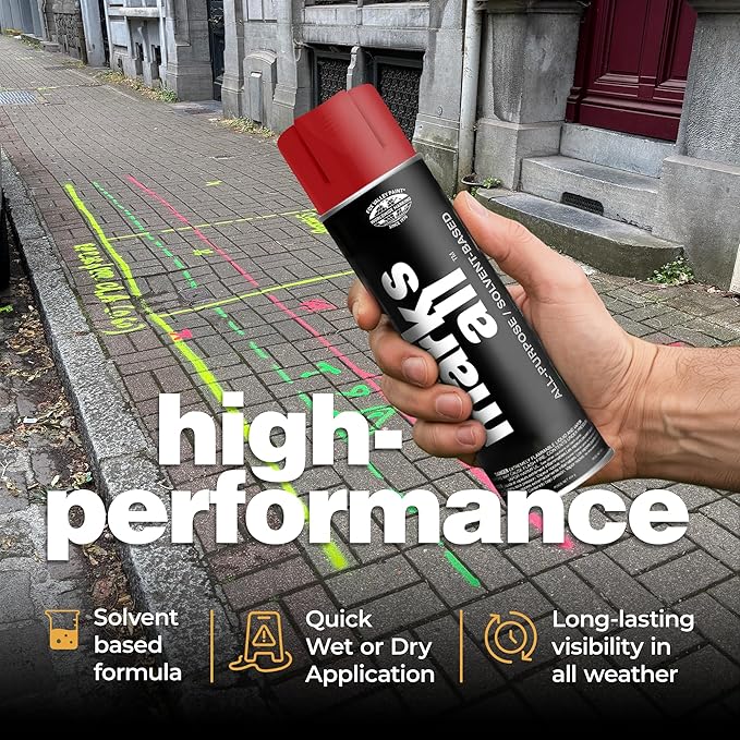 Fox Valley 18oz Marks All Solvent-Based Marking Paint Spray, 12-Pack Red APWA – Long-Lasting, Weather-Resistant Spray Paint for Wet or Dry Surfaces Like Metal, Grass, Concrete, Wood, & More