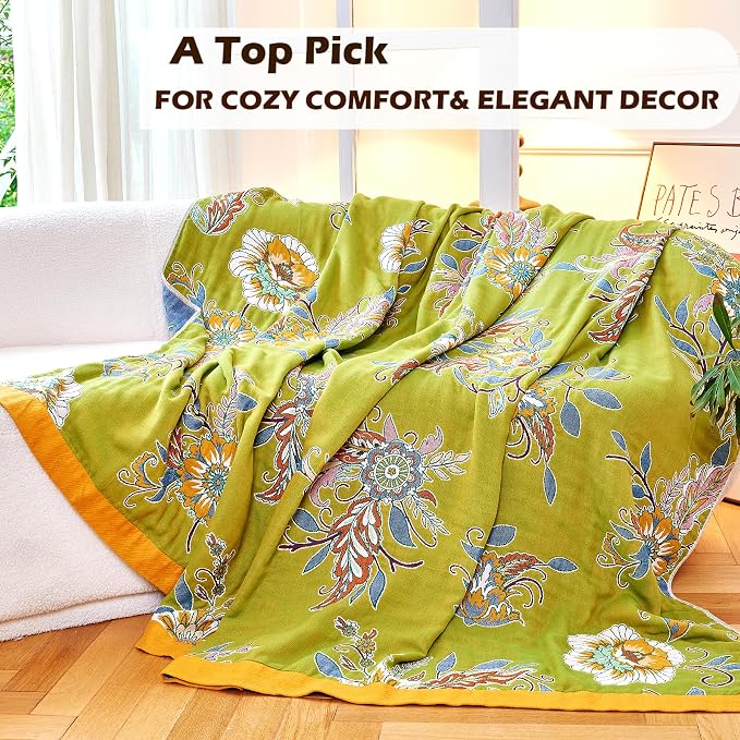 VANJOROY Boho Throw Blanket 80" x 90", 100% Organic Cotton Breathable Ultra Soft Bed Quilt Throw - All Season Luxury Floral Farmhouse Decor Blanket for Sofa Couch Chair and Gift. Green/Blue