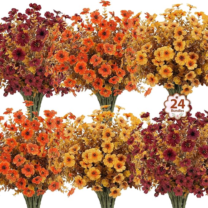 24 Pcs Artificial Fall Flowers, Fake Mums Outdoors, Deep Orange | Lifelike faux mums, silk flower, UV resistant, no-maintenance, for autumn Thanksgiving garden porch yard indoor outdoor decor