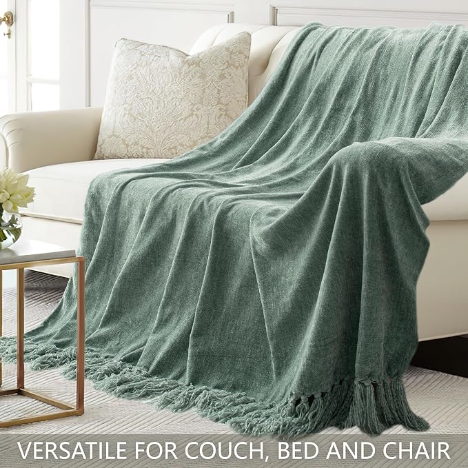 Chenille Throw Blanket for Couch 50" x 60", Sage Green | Soft Cozy Warm Throws with Fringe Tassel, for Living Room Bed Sofa Chair Cover, Lightweight Knitted Decorative Boho Blankets