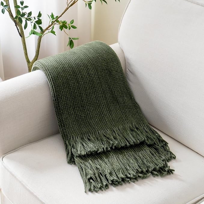 BATTILO HOME Olive Green Throw Blanket for Couch, 60"x80" | Soft Chenille Knit Throws with Tassels for Home Decor, Dark Green Blankets and Throws for Bed Couch Cover