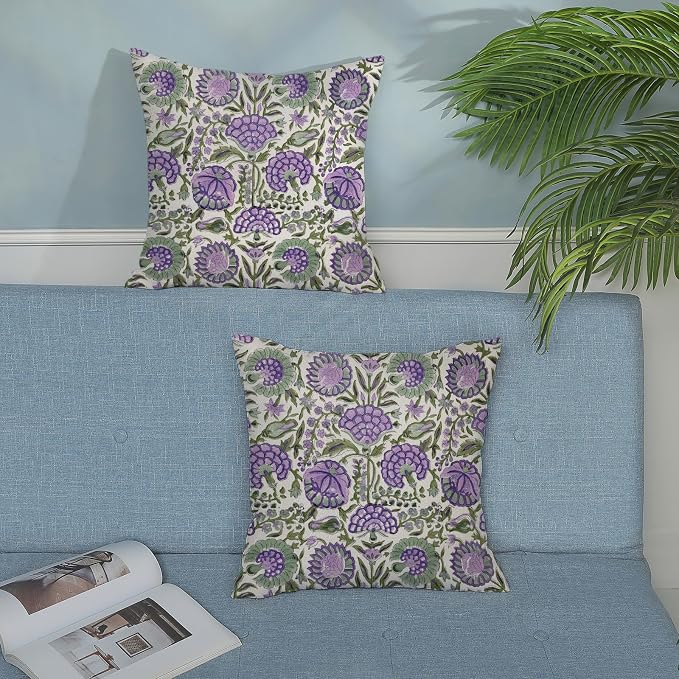 Block Print Pillow Covers 18x18 Inch Pack Of 2 Boho Purple Green Floral Decor Throw Pillow Covers Spring Summer Flower Pillowcase Outdoor Farmhouse Decorative Cushion Cover for Home Couch Sofa