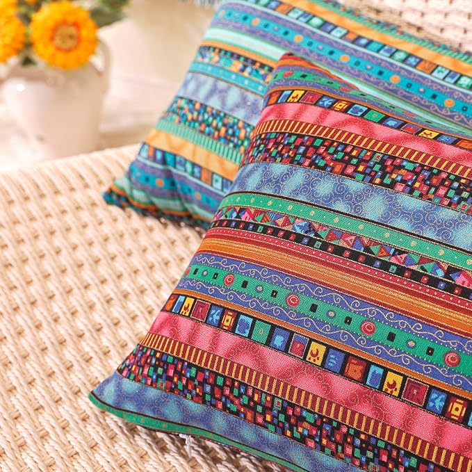 TAOSON Gold Stripe Bohemian Style Antique Cotton Blend Linen Sofa Throw Pillowcase Cushion Cover Pillow Cover with Hidden Zipper Closure Only Cover No Insert 12x20 Inch 30x50cm