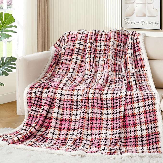 Sherpa Plaid Throw Blanket, 60" X 70" Fuzzy Fluffy Cozy Soft Blanket, Fleece Flannel Plush Twin Size Microfiber Blanket for Couch Bed Sofa, Black&Pink