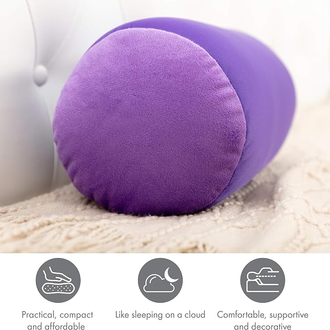 Microbead Bolster Neck Roll Pillow, Gently On Body, Head, Neck & Shoulders No Pain Rest, Relax Sleep - Silky Feel Prevent Wrinkles & Hair Breakage - Lightweight Cylinder Tube, 14" x 8", Dark Lavender