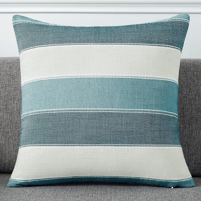 Pack of 2 Farmhouse Stripe Check Throw Pillow Covers Set Case Cotton Linen Decorative Pillowcases Cushion Cover for Couch Bench Sofa 24x24Inch Teal Blue