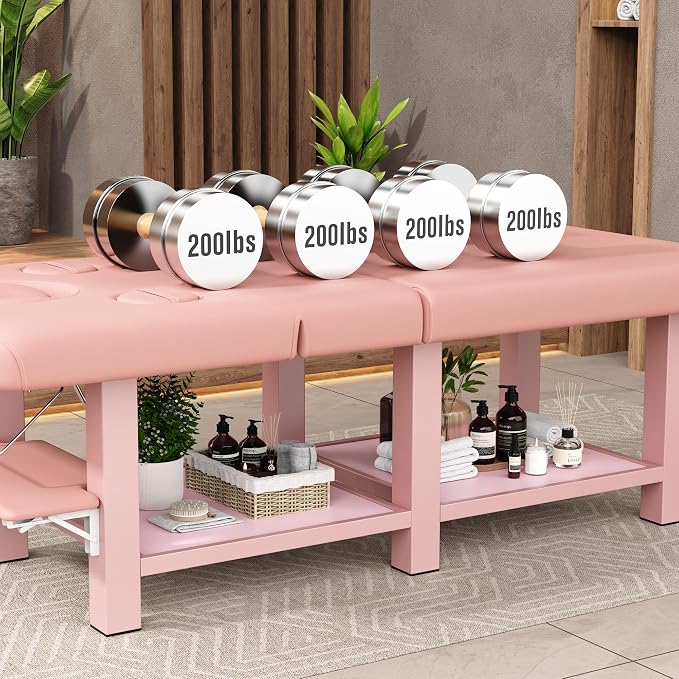 Extra Large 34''×80'' Folding Stationary Massage Table with Adjustable Backrest, Heavy-Duty Metal Frame PU Leather Treatment Bed for Spa, Physical Therapy, Tattoo, Facial & Medical Exam - Pink