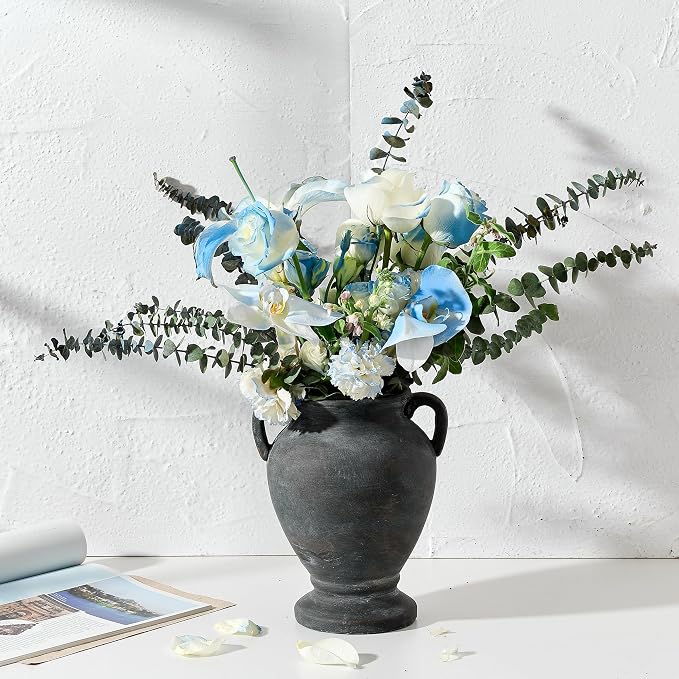 PORCER Ceramic Rustic Flower Vase with Handles, 8.36 Inch Tall Vintage Pottery Home Decor, Farmhouse Terracotta Vase for Living Room, Table, Shelf, Mantel Decoration, Farmhouse- Black Bronze
