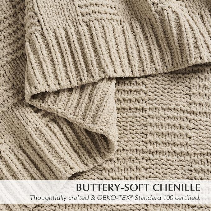 EVERGRACEHOME Modern Checkered Chenille Throw Blanket, 50x60, Sand Dune | Lightweight Warmth, All-Season Breathability, OEKO-TEX certified, Timeless Grid Pattern, Farmhouse Throw for Couch, Bed, Sofa