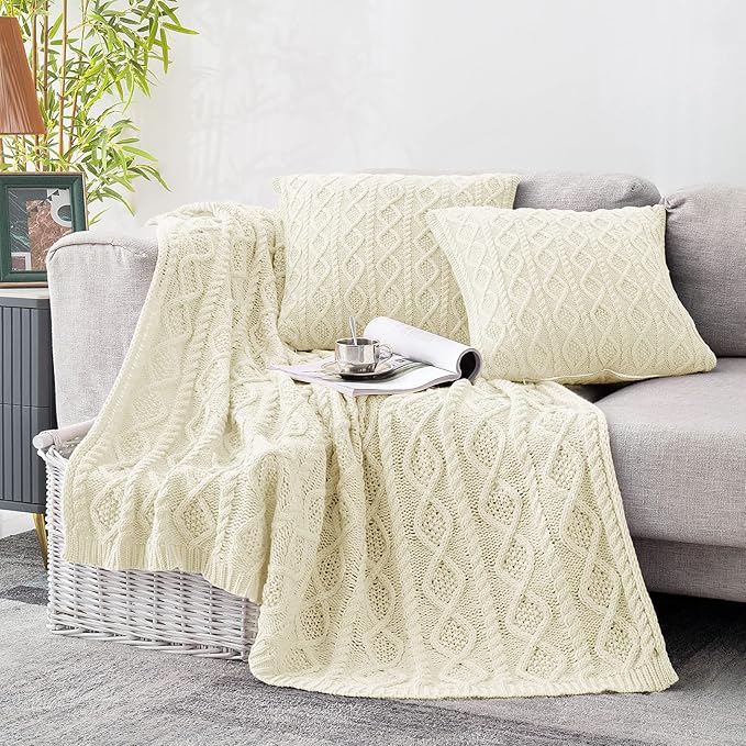 Homiest Cream White Cable Knit Throw Blanket Set of 3, with 2 Pillow Covers | Pure Acrylic, Lightweight & Breathable, All-Season Use, Machine Washable, Wrinkle & Fade Resistant, for Couch Bed And Sofa