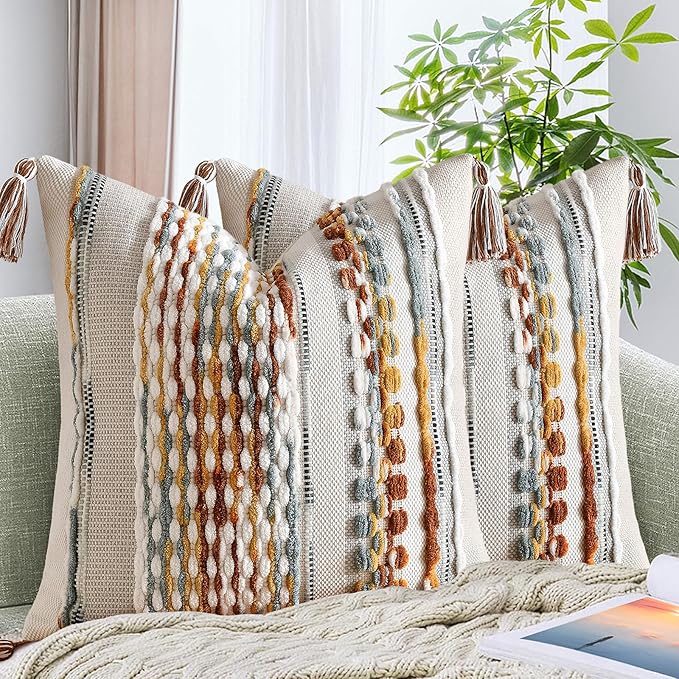 Set of 2 Chenille Striped Textured Boho Throw Pillow Covers Aesthetic with Tassels Woven Decorative Pillow Case for Couch Bed Sofa Bedroom Modern Funky 18 x 18-Inch Brown