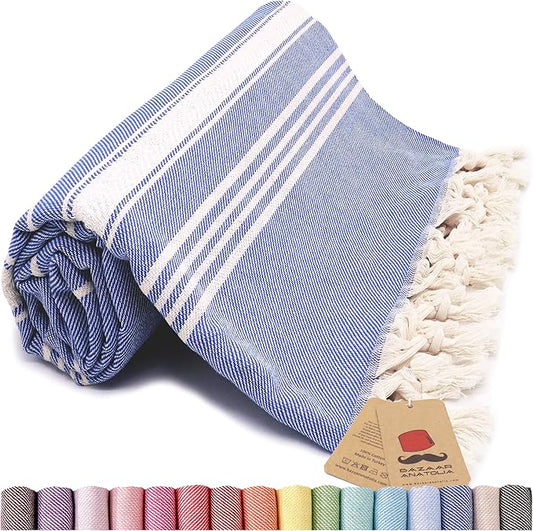 Bazaar Anatolia Turkish Beach Towel – 100% Cotton, Quick Dry, Sand Free Towel for Bathroom, Camping, Travel, Royal Navy – Oversized 71x39 Inches – Stripe Dark Blue