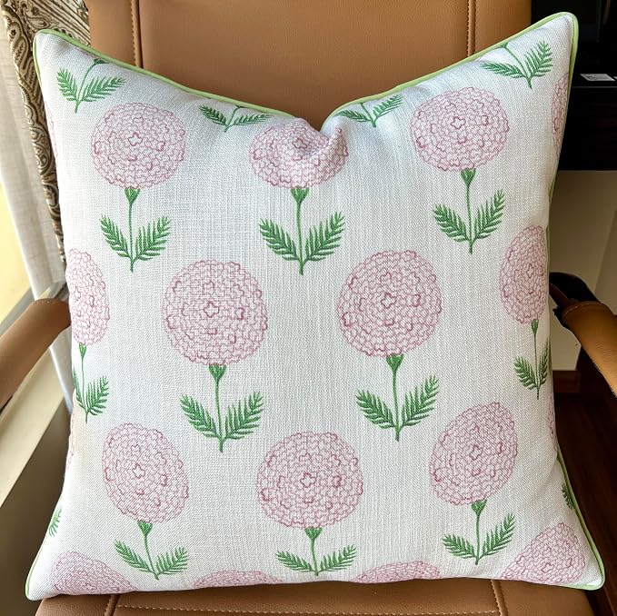 Marigold Floral Print 20x20 Throw Pillow Cover, Pink | Pink marigold floral on white slub, green piping; both sides printed; hidden zip; cover only