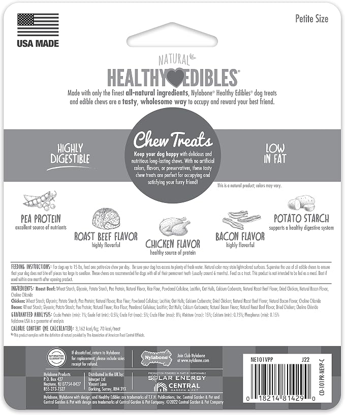 Nylabone Healthy Edibles Dog Treats Variety Pack, X-Small, 3 Count | Roast beef, chicken, & bacon flavor, natural dog chews, USA made, long lasting chews for small dogs up to 15 lbs