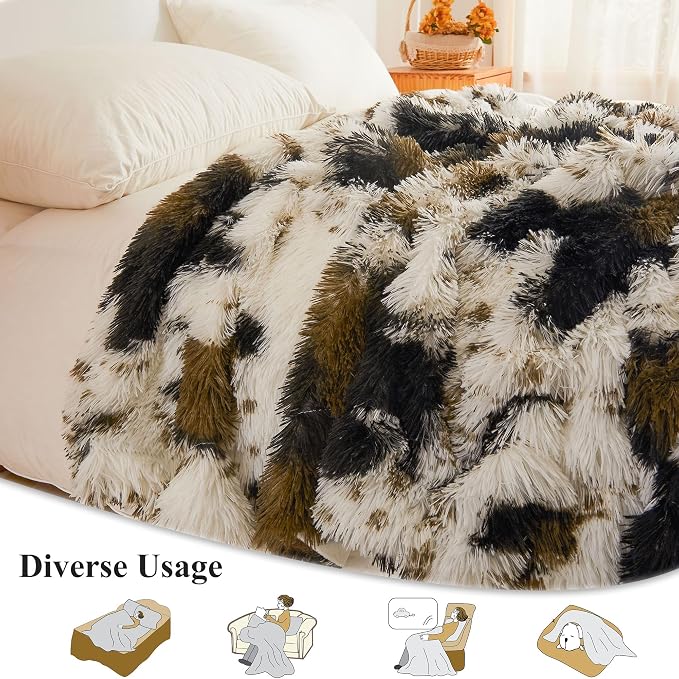 XeGe Luxury Faux Fur Throw Blanket, Soft Cow Print Big Fluffy Bed Blanket, Shaggy Plush Decorative Couch Blanket, Cute Furry Animal Print Fuzzy Blanket for Bedroom Living Room, Cow Brown, 60x80