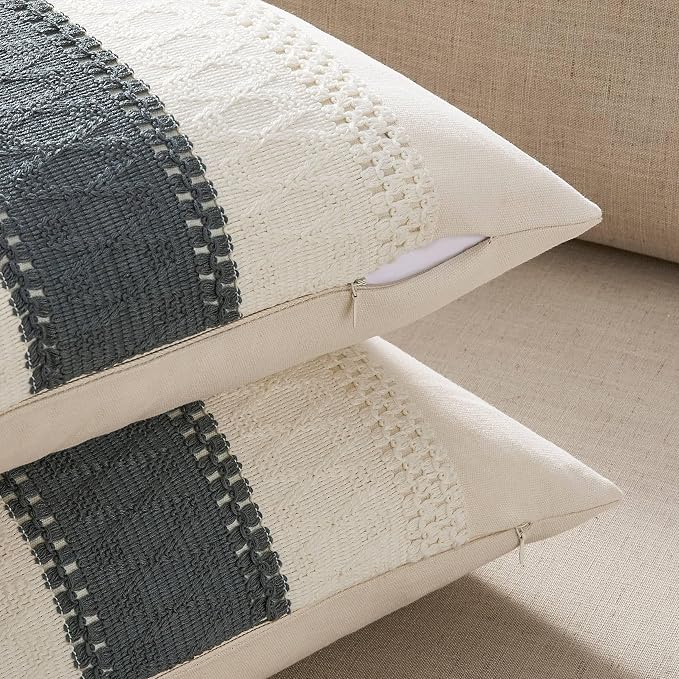 2 Pack Boho Throw Pillow Covers, Contrast Charcoal 16x16in | Soft Breathable Cotton, Farmhouse Decorative Couch Pillow Cases, Cushion Covers for Sofa Bed Living Room Home Decor