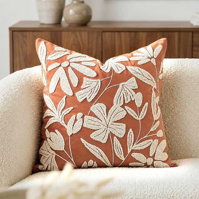 Throw Pillow Cover 20x20 Inch, Rust Terracotta Floral Tufted Velvet Decorative Accent Pillow Case for Sofa Bed Living Room, Cover Only
