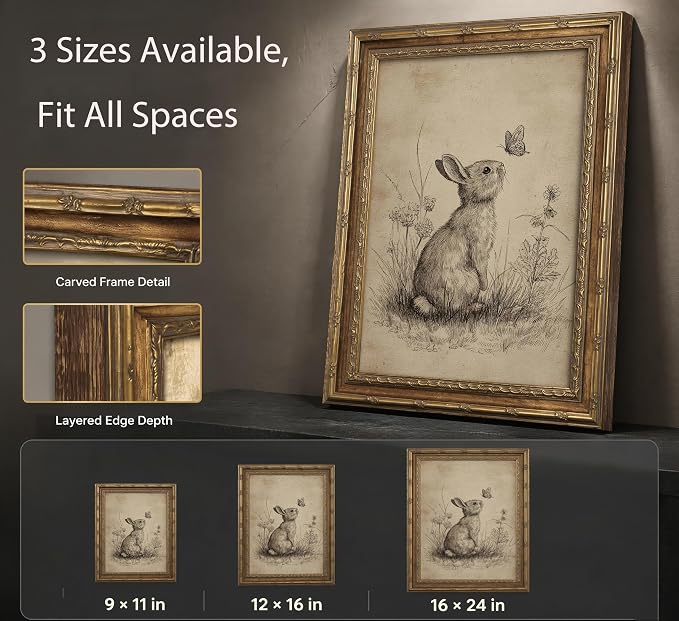 Vintage Gold Framed Bunny Easter Wall Art Rabbit and Butterfly Painting Canvas Prints Country Botanical Wildflowers Sketch Picture Rustic Farmhouse Poster Artwork for Living Room Bedroom Bathroom