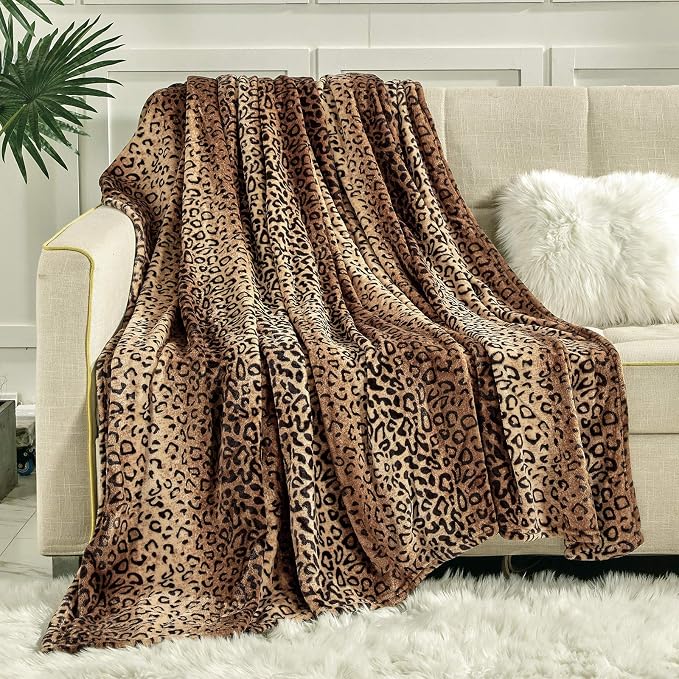 Viviland Flannel Fleece Throw Size 50x60, Lightweight Blanket for Couch, Super Soft Cozy Warm, Leopard Print