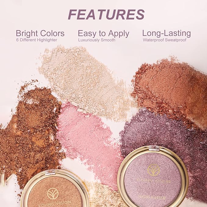 YOUNG VISION Pressed Powder Highlighter, Baked Natural Glow Contour Powder & Face Highlighter, Cruelty Free, Shimmer Highlighting Makeup for Face, Eye, Eyeshadow, Body, Skin (Brown)