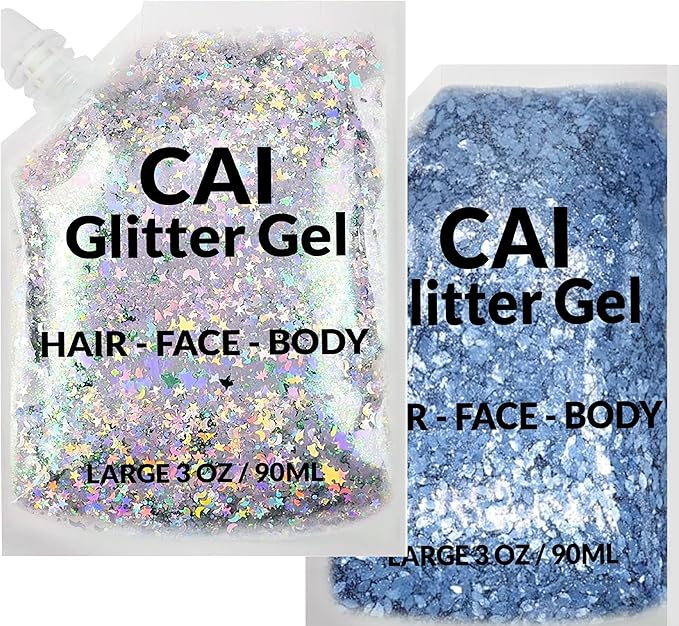 Face, Body & Hair Glitter Gel – Halloween Glitter for Kids and Women – 3 Oz Cosmetic-Grade Gel w/Moon & Stars for Festivals & Halloween Party, Easy Apply & Wash Off - Blue/Silver 2Pack