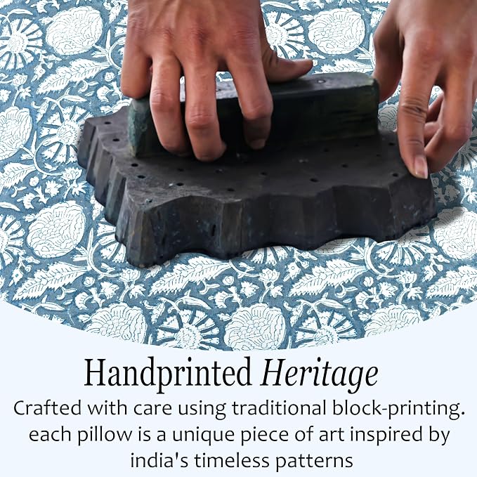 CPC Blue Meadow Hand Block Print 100% Cotton Ruffle Throw Pillow Cover 18x18 inch with Hidden Zipper Decorative for Couch, Bed, Sofa, Farmhouse, Cottagecore Decor Gift Christmas Fall Thanksgiving