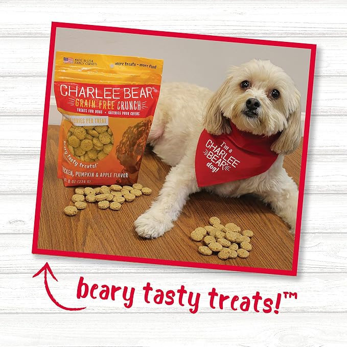Charlee Bear Crunch Grain Free Dog Treats, Chicken,Pumpkin and Apple, 8 Ounce Resealable Bag,Low Calorie Training Treats for Dogs,Limited Ingredient,Healthy,Crunchy Dog Snacks, Made in USA (Pack of 2)