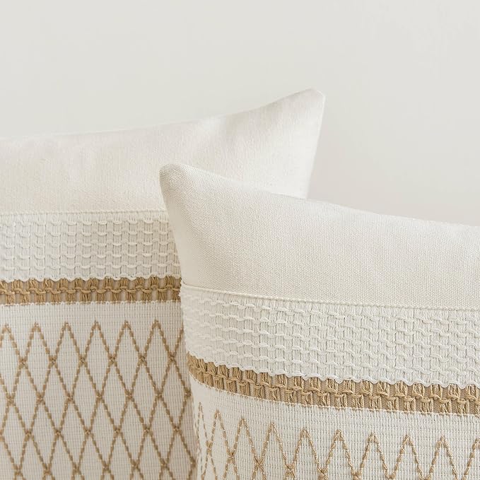 2 Pack Boho Throw Pillow Covers, Grid Brown 16x16in | Soft Breathable Cotton, Farmhouse Decorative Couch Pillow Cases, Cushion Covers for Sofa Bed Living Room Home Decor