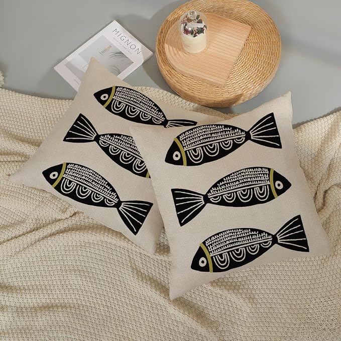 Coastal Pillow Covers 18x18 Inch Set of 2 Ocean Beach Black Fish Throw Pillows Summer Natical Outdoor Decorative Pillow Cases Linen Farmhouse Cushion Cover for Couch Home Sofa Bedroom Decor