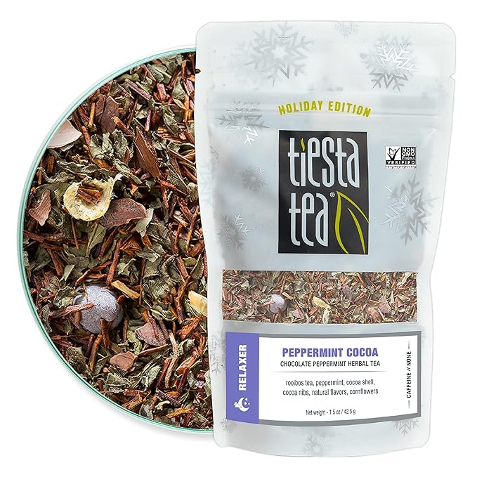 Tiesta Tea Cozy Peppermint Cocoa, Premium Loose Leaf Blends, Chocolate Peppermint Herbal Tea, Caffeine-Free, Holiday Blend, Holiday Edition, Hot or Iced Brew, Up to 25 Cups, 1.5oz Resealable Pouch
