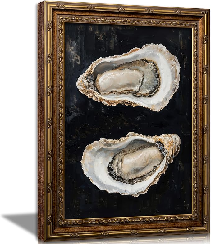 Vintage Gold Framed Oyster Wall Art Dark Moody Seafood Shell Shel Painting Canvas Print Black Background Seafood Still Life Picture Wall Decor Oyster Paintings Poster Artwor for Kitchen Dining