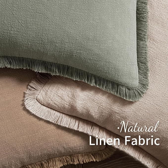 MIULEE Boho Natural Linen Fringe Decorative Throw Pillow Covers 18x18 | Set of 2, Cottagecore Decor, Boho Farmhouse Neutral Pillow Covers, Rustic Couch Cushion Cases for Sofa Bed Living Room