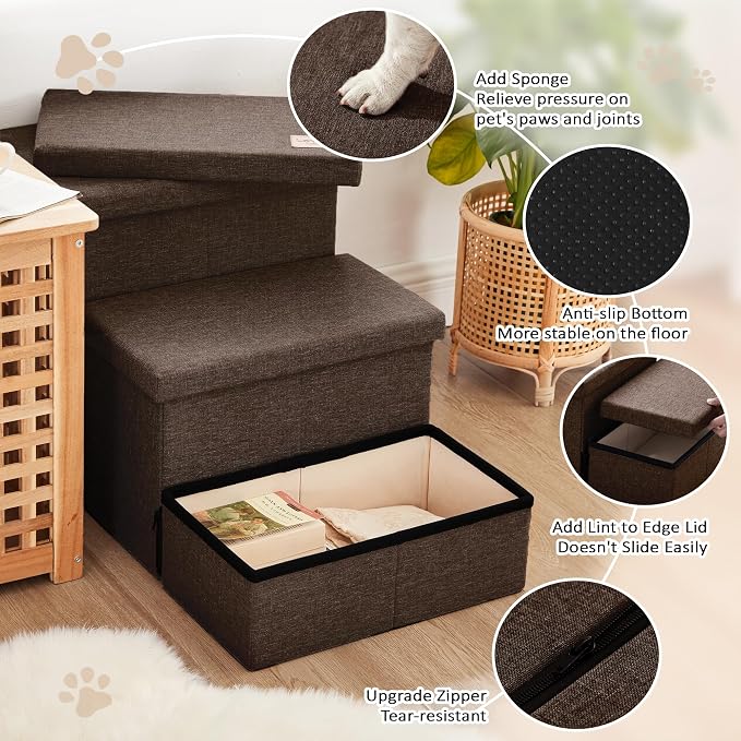 Love's cabin Dog Stairs for High Bed, Foldable Pet Stairs for Small Medium or Large Dogs Puppy with Storage for Bed or Couch, Cat Dog Steps Ramp with Zip up to 200 lbs, Coffee, 3 Steps