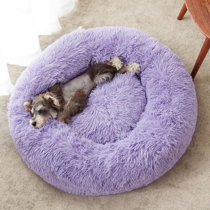 Calming Dog Bed & Cat Bed, Anti-Anxiety Donut Dog Cuddler Bed, Warming Cozy Soft Dog Round Bed, Fluffy Faux Fur Plush Dog Cat Cushion Bed for Small Medium Dogs and Cats | Fluffy Faux Fur Round Cuddler,Anti-Anxiety,Anti-Slip Bottom,Plush Pet Dog Beds fo...