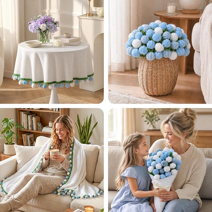 Ivydale Crochet Flower Bouquet Throw Blanket with Blue Rose