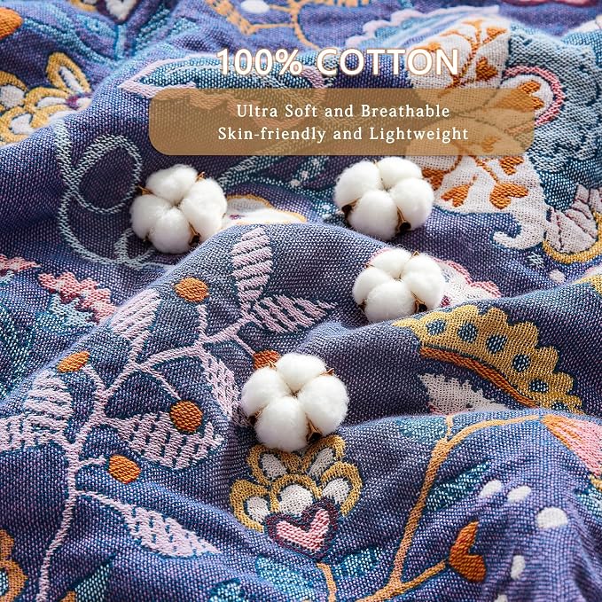Boho Throw Blanket Farmhouse Decor Throw Blanket Bohemian Blanket for Bed 100% Cotton Muslin Woven Couch Blanket All Seasons Quilt Bedroom (H-Purple, 60"x80")