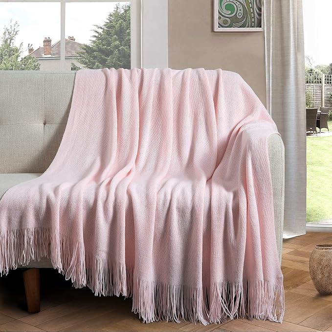 Vonty Pink Knitted Throw Blanket with Tassels Fringe, 50x60 Acrylic | Super Soft And Lightweight, Year-Round Cozy Warmth, Farmhouse Decorative Style, Machine Washable, for Couch, Sofa or Bed