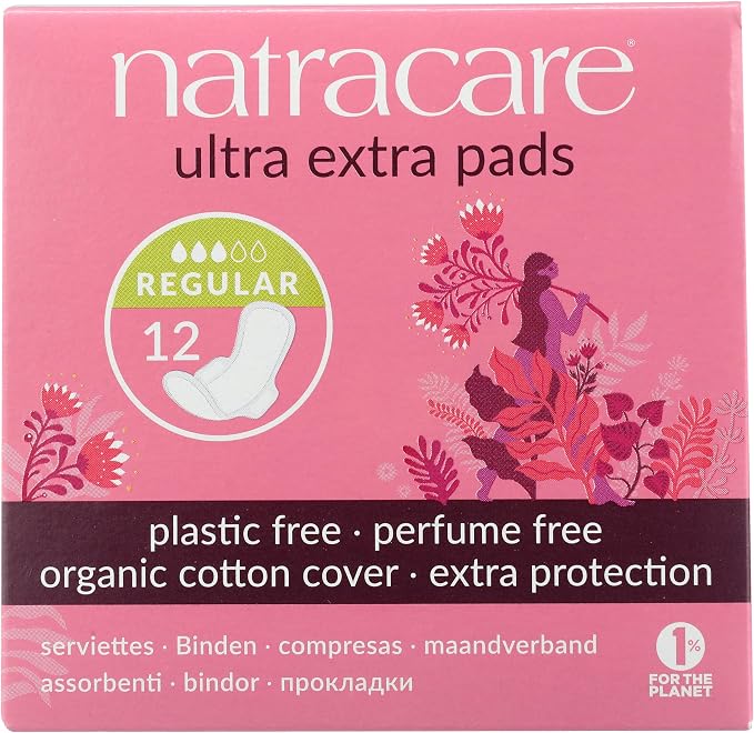 Natracare Ultra Extra Pads with Wings, Regular, Individually Wrapped, Made with Certified Organic Cotton, Ecologically Certified Cellulose Pulp and Plant Starch (1 Pack, 12 Pads Total)