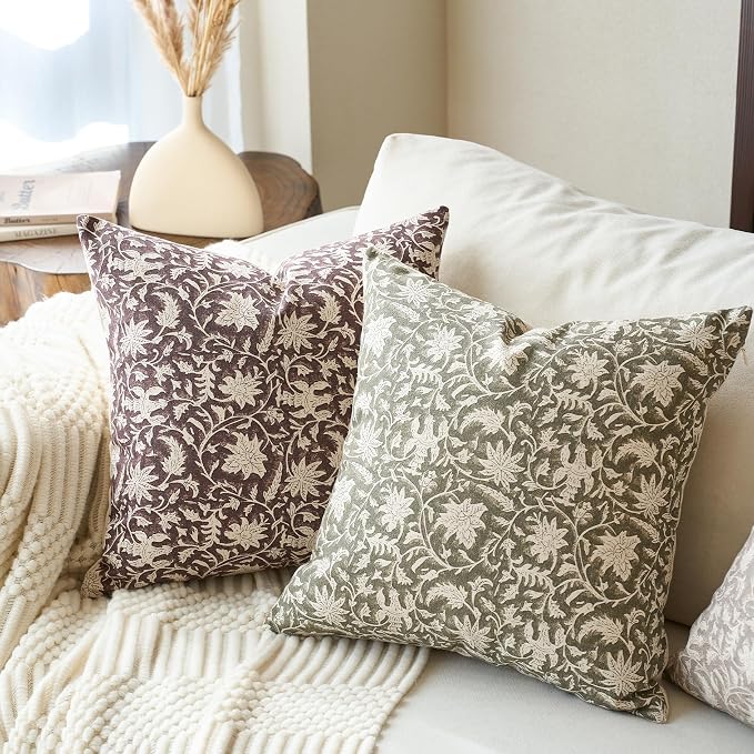 FIOUOVO Floral Throw Pillow Covers 24x24 Farmhouse Block Print Pillow Covers Decorative Pillow Covers Couch Pillows for Living Room Vintage Accent Sofa Pillows Set of 2, Olive Green