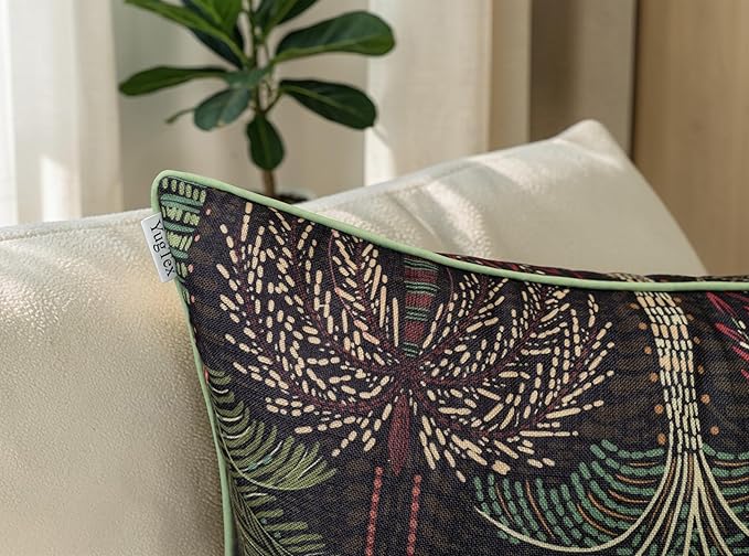 Tropical Palm Print 20x20 Throw Pillow Cover, Charcoal | Folk-art tropical palm trees on charcoal slub, green piping; both sides printed; hidden; cover only