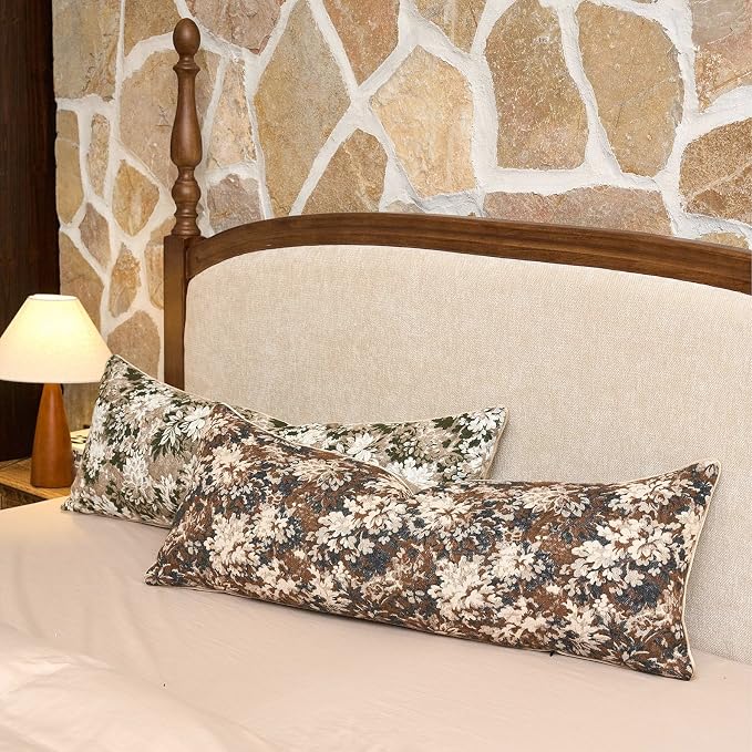 Neutral Floral Pillow Cover 14 x 36 Inches, Vintage Chenille Accent Throw Pillow Cover Soft Decorative Farmhouse Accent Couch Pillow Cover for Living Room Bedroom, Coffee Brown
