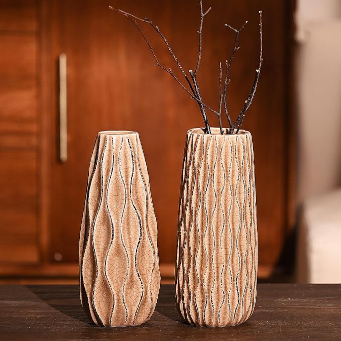 VICTOR & TERESA Ceramic Vase for Flowers, 10'' Set of 2 Decorative Rustic Beige Vases for Home Decor, Farmhouse Vases for Pampas Grass, Table, Mantel, Living Room, Shelf, Centerpieces, Gifts for Mom