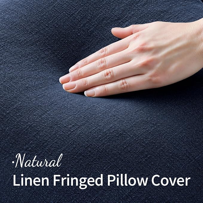 MIULEE Linen Fringe Decorative Lumbar Throw Pillow Covers Dark Navy 12x20 | Set of 2, Cottagecore Decor, Boho Farmhouse Coastal Pillow Covers, Rustic Couch Cushion Cases for Sofa Bed Living Room