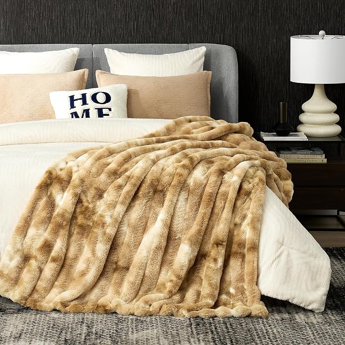Cozy Bliss Deluxe Striped Rabbit Faux Fur Throw Blanket, Soft Fluffy Warm Plush Blanket for Winter, Modern Homr Decor, Tie-dye Khaki 50"x60"