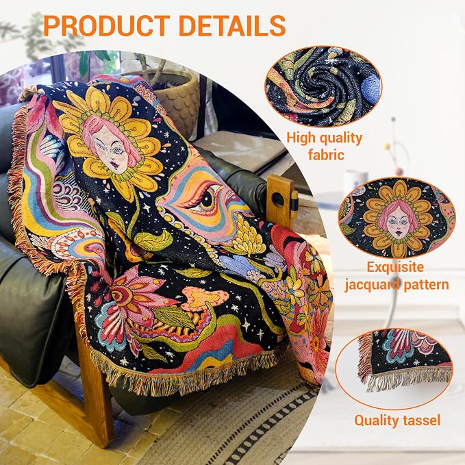 Hippie Flower Boho Throw Blanket for Couch Bed Chair Lounge Hippie Room Decor Reversible Cotton Woven Whimsical Throw Blanket Witchy Room Decor Throws Bed Spread Outdoor Camping Blanket 51x59 Inches